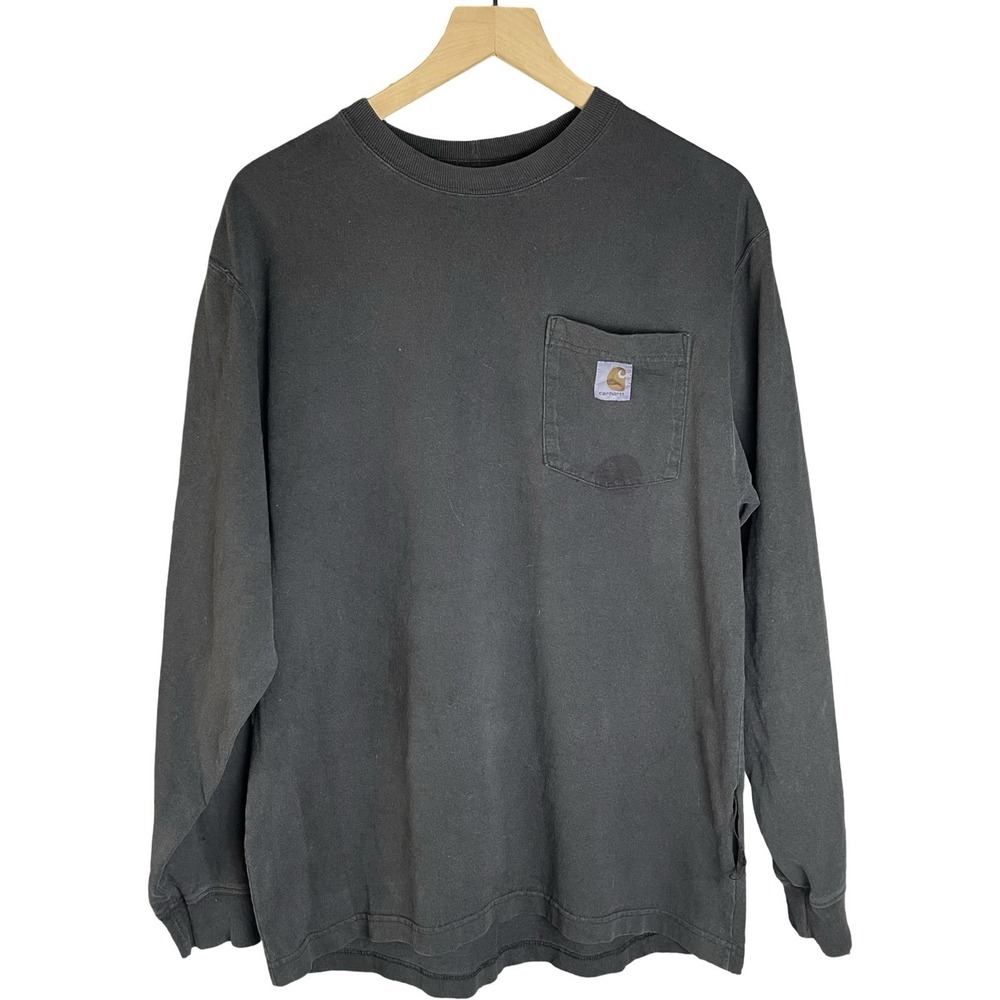 VTG Carhartt Navy‎ Shirt Mens Small Pocket Long Sleeve Distressed Faded Thrashed